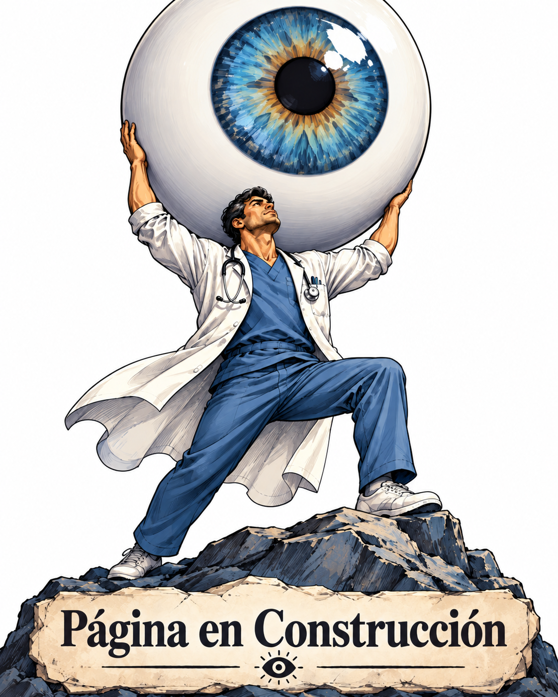 Ilustración de un médico sosteniendo un ojo gigante. Página en construcción.